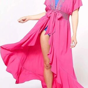 NWT America and Beyond Pink Open Maxi with Floral Embroidery